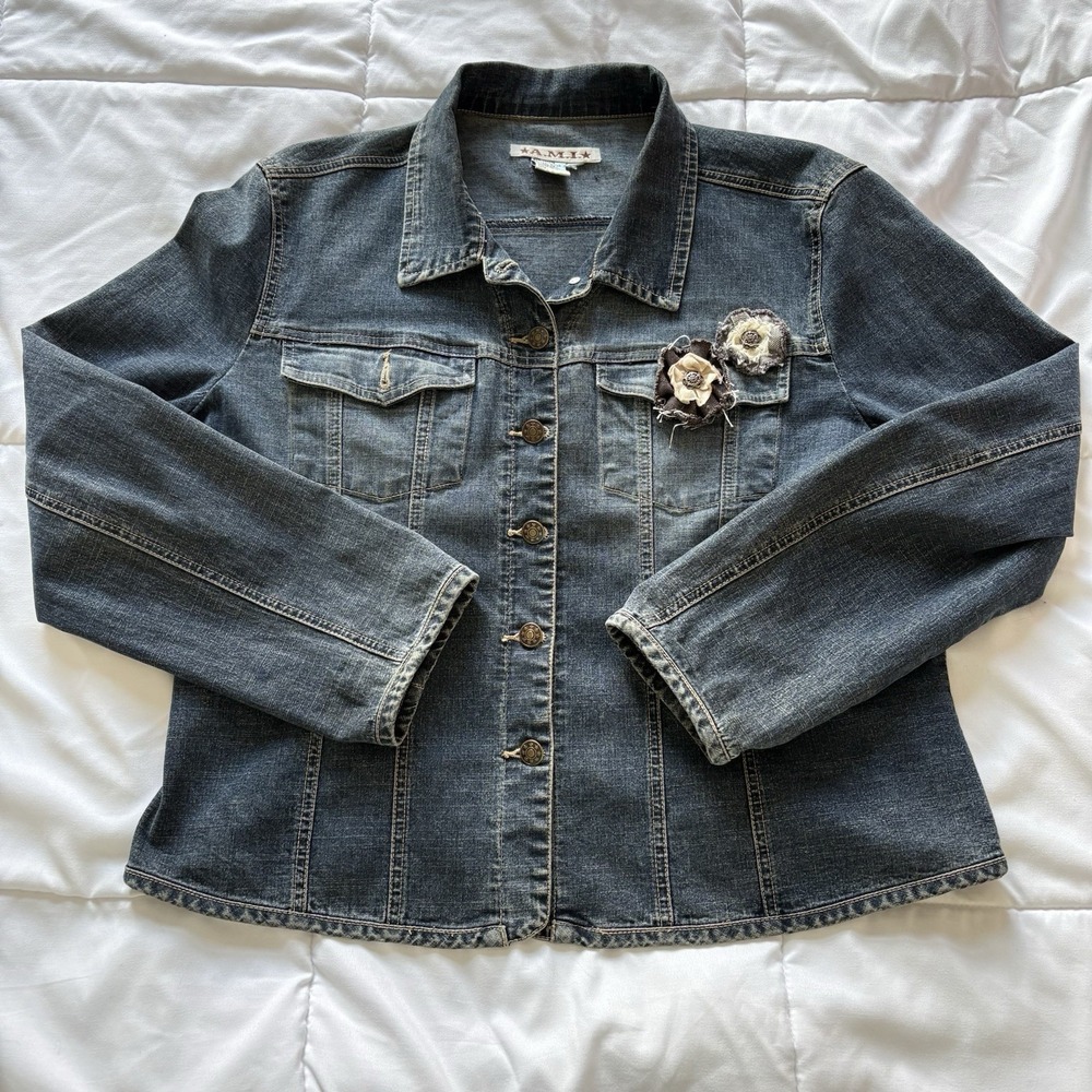 Vintage 90s Jean Jacket Womens Denim Blue Floral Y2K Grunge Hippie Dainty